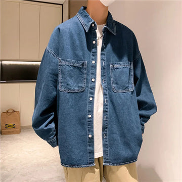 AIDASE  -  Denim Long-sleeved Shirt Men's Solid Color Autumn Korean Style Trendy Simple Shirt Hong Kong Style Loose and Handsome Ins Jacket aidase-shop